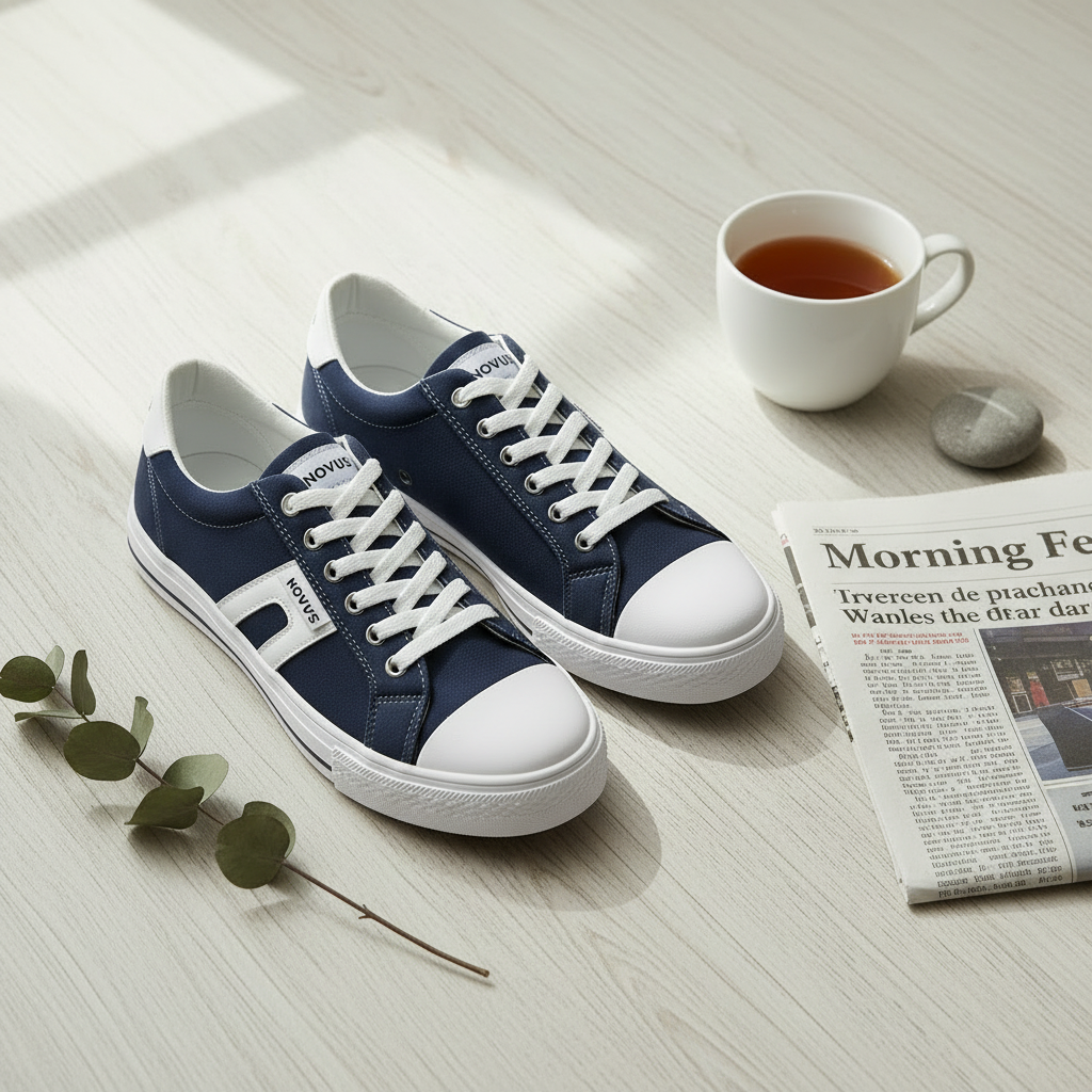 Novus Navy Canvas Sneakers on wooden deck with morning sunlight