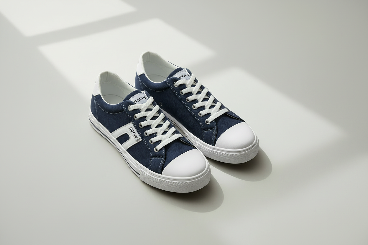 Novus Navy Canvas Sneakers on minimalist grey studio background