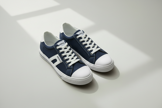 Novus Navy Canvas Sneakers on minimalist grey studio background